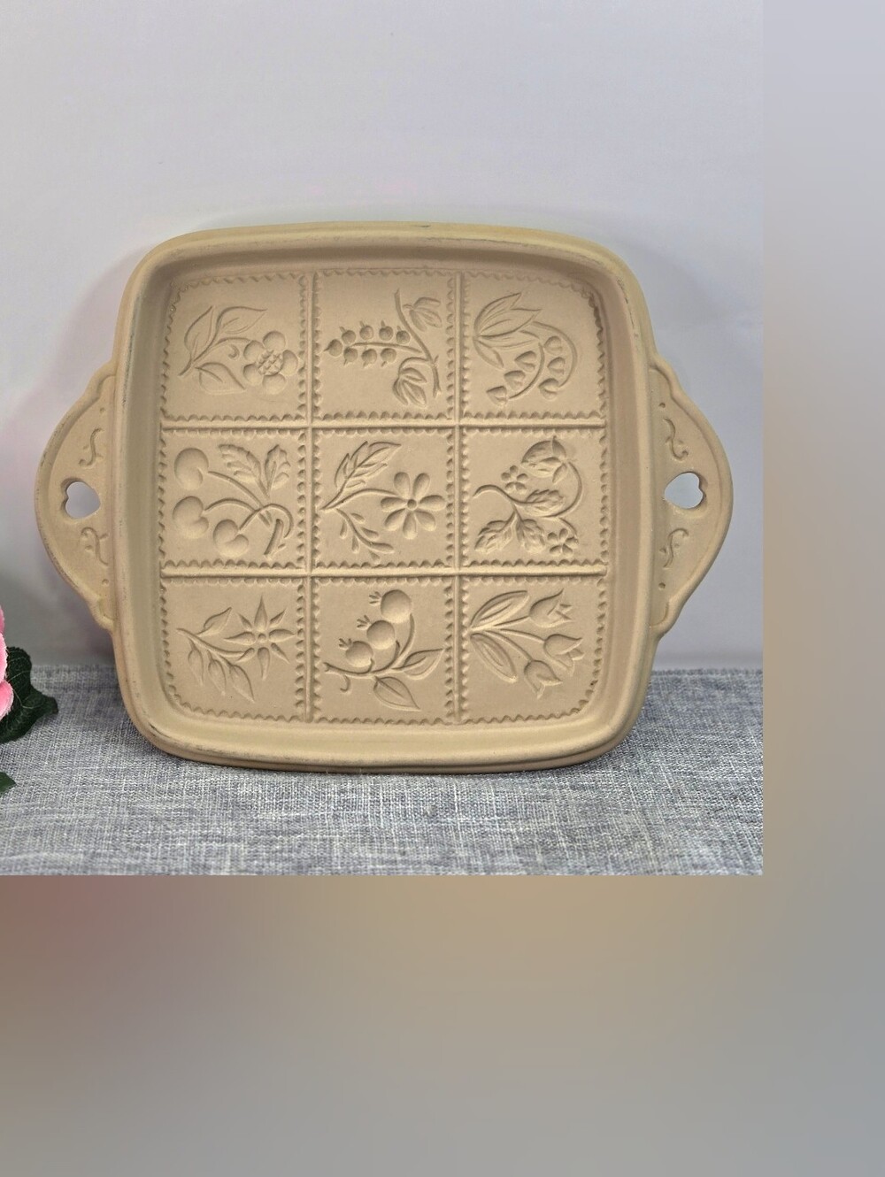 Vintage 1988 Brown Bag Cookie Art Flowers Berries Shortbread Pan Stoneware Mold
